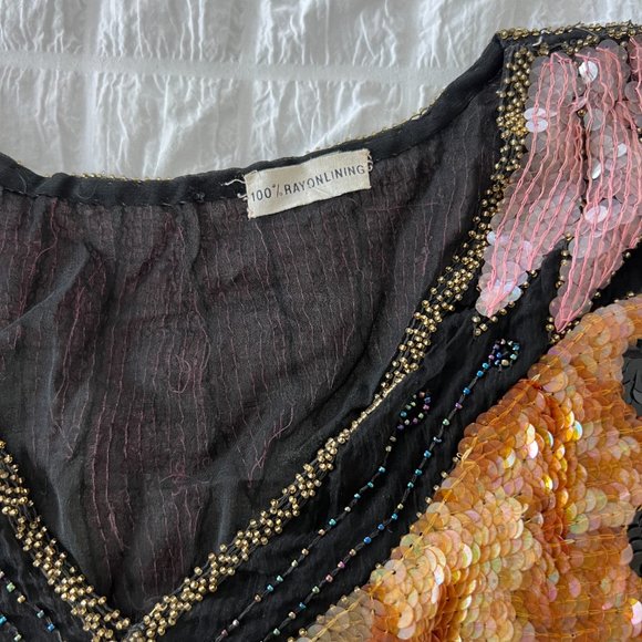 Vintage Sequined Butterfly Blouse / 80's Pink Sequin Embellished Silk Top - Picture 4 of 11